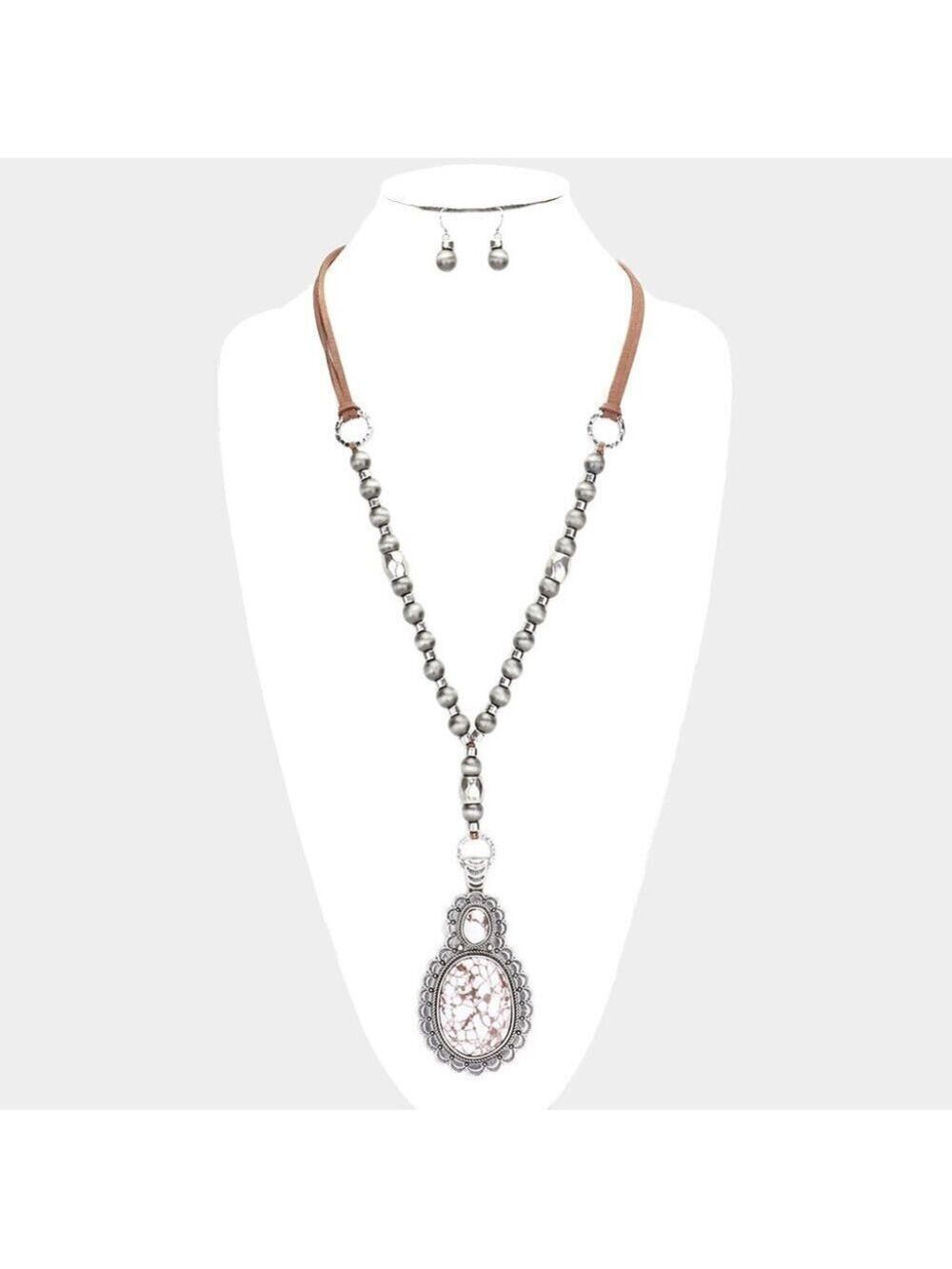 NEW Boho Navajo Pearl White Natural Stone Antique Pendant Long Necklace